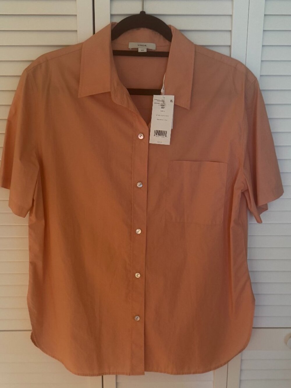 Vince - Short Sleeve Cotton Poplin Button-Up Shirt - M - Dk. Apricot -  New